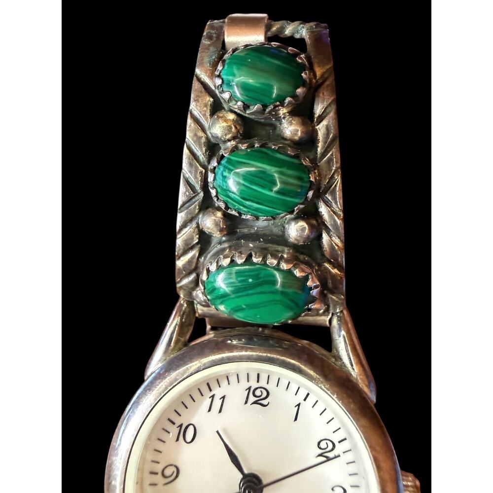 Vintage Benny Ramone Navajo Sterling Silver Malachite Watch Tips Southwest Cuff - Picture 3 of 7